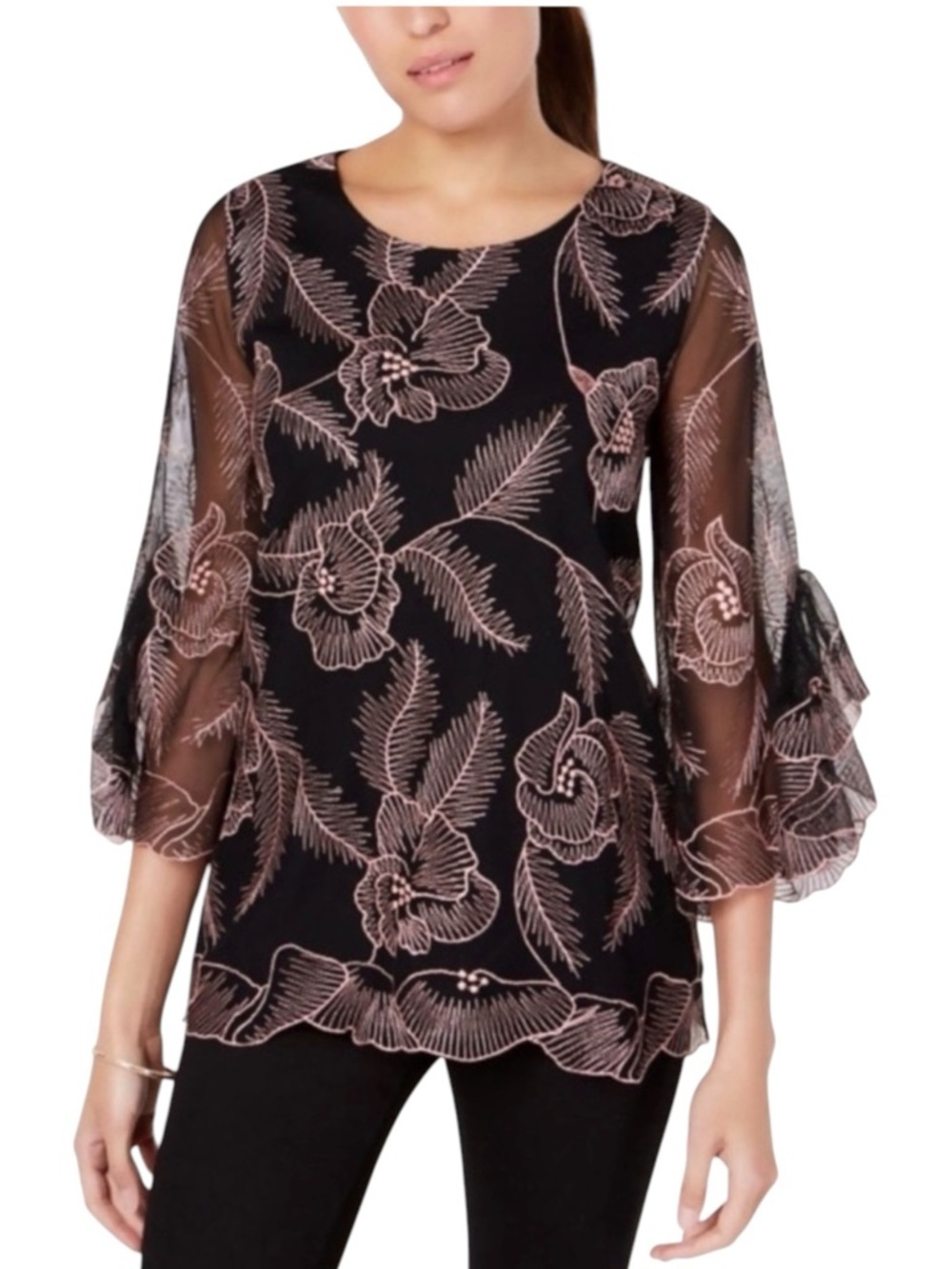 Alfani Black Sheer Floral Embroidered Blouse Bell Sleeve Top Size M